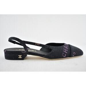 Chanel 22P Mademoiselle Coco Sling Black Grey Denim Slingback Ballet Flat 37